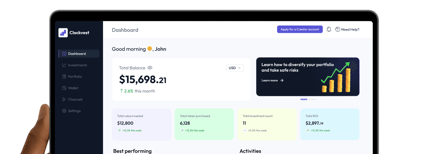 Clockvest dashboard showing portfolio balance and investments